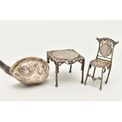 52 - A SMALL ASSORTMENT OF SILVER ITEMS, to include a silver toddy ladle with an ebony handle, hallmarked... 