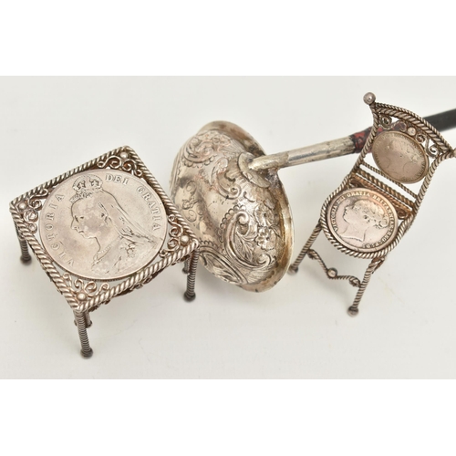 52 - A SMALL ASSORTMENT OF SILVER ITEMS, to include a silver toddy ladle with an ebony handle, hallmarked... 