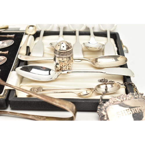 53 - A SELECTION OF SILVER ITEMS, to include a cased set of six coffee spoons, each piece hallmarked Birm... 