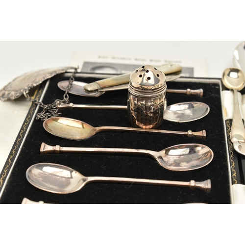 53 - A SELECTION OF SILVER ITEMS, to include a cased set of six coffee spoons, each piece hallmarked Birm... 