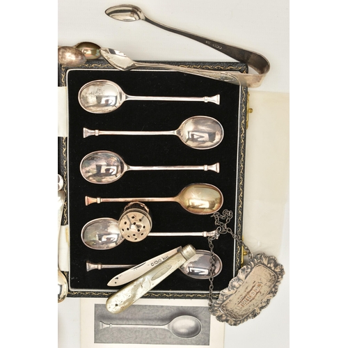 53 - A SELECTION OF SILVER ITEMS, to include a cased set of six coffee spoons, each piece hallmarked Birm... 