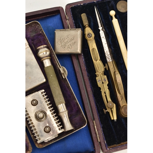 61 - THREE ITEMS, to include a cased antique 'Gillette' razor, a ladies cased 'Myatt' razor and a cased f... 