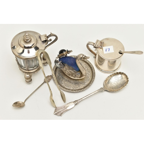 69 - A BOX OF ASSORTED WHITE METAL, to include an 'Elkington Plate' mustard with blue glass insert, a gla... 