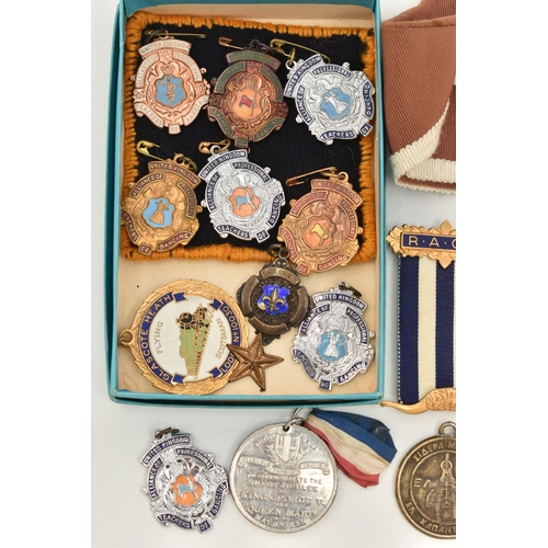 70 - A BOX OF ASSORTED MEDALS, to include a silver medal hallmarked Birmingham 1930, approximate gross we... 