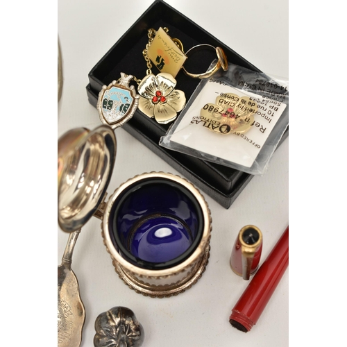 71 - A SHOE BOX OF ITEMS, to include a glass trinket box with a silver embossed cover, hallmarked 'Walker... 