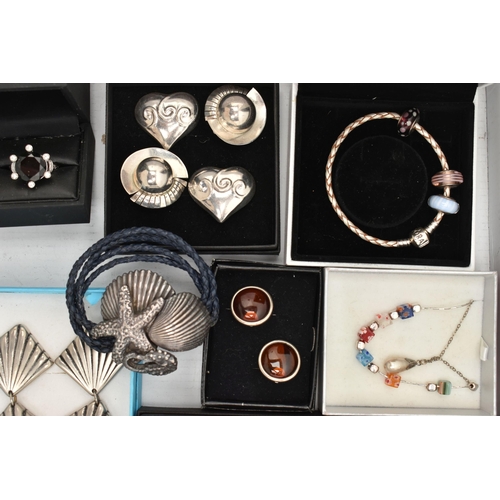 74 - A BOX OF ASSORTD WHITE METAL JEWELLERY, to include six pairs of white metal earrings, all for non-pi... 