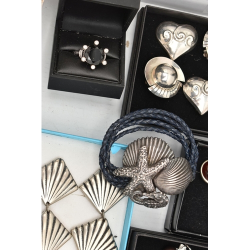 74 - A BOX OF ASSORTD WHITE METAL JEWELLERY, to include six pairs of white metal earrings, all for non-pi... 