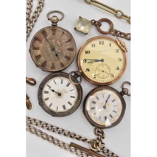 9 - AN ASSORTMENT OF POCKET WATCHES, to include a 'Waltham' rolled gold open face pocket watch, three la... 