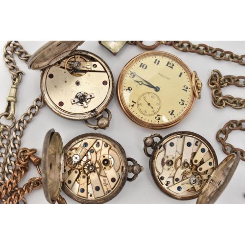 9 - AN ASSORTMENT OF POCKET WATCHES, to include a 'Waltham' rolled gold open face pocket watch, three la... 