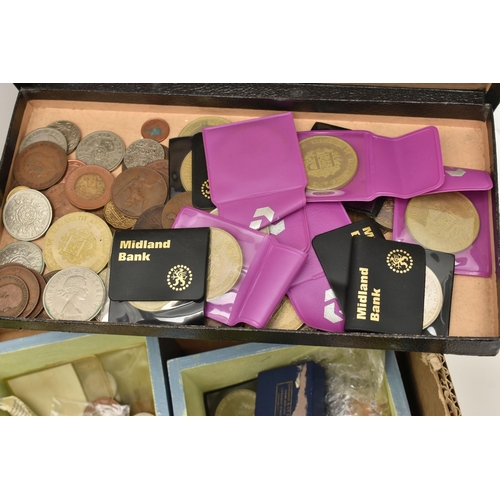 110 - A LARGE CARDBOARD BOX CONTAINING MAINLY UK COINAGE, to include a cased Bronze Medal for Elizabeth II... 