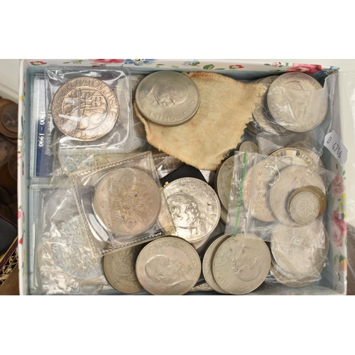 110 - A LARGE CARDBOARD BOX CONTAINING MAINLY UK COINAGE, to include a cased Bronze Medal for Elizabeth II... 