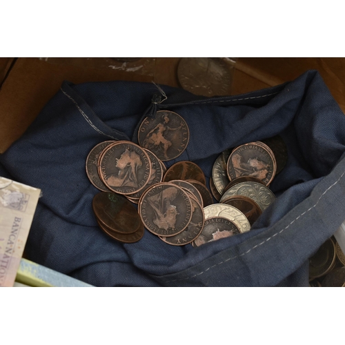 110 - A LARGE CARDBOARD BOX CONTAINING MAINLY UK COINAGE, to include a cased Bronze Medal for Elizabeth II... 