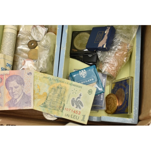 110 - A LARGE CARDBOARD BOX CONTAINING MAINLY UK COINAGE, to include a cased Bronze Medal for Elizabeth II... 