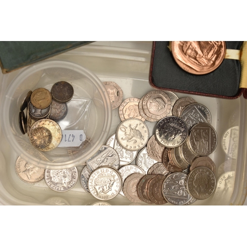 110 - A LARGE CARDBOARD BOX CONTAINING MAINLY UK COINAGE, to include a cased Bronze Medal for Elizabeth II... 