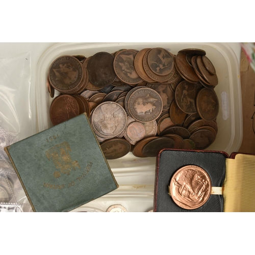 110 - A LARGE CARDBOARD BOX CONTAINING MAINLY UK COINAGE, to include a cased Bronze Medal for Elizabeth II... 