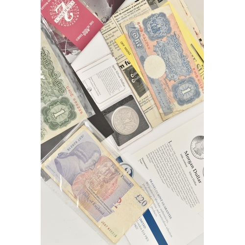 112 - A CARDBOARD BOX CONTAINING COINS AND BANKNOTES, to include a selection of Franklin Mint USA carded c... 