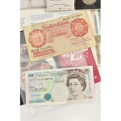 112 - A CARDBOARD BOX CONTAINING COINS AND BANKNOTES, to include a selection of Franklin Mint USA carded c... 