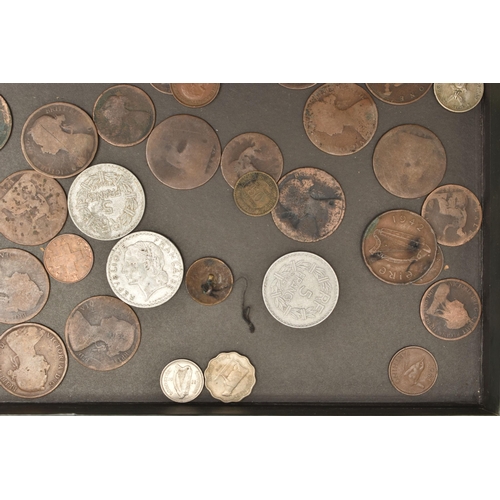 113 - A BOX LID CONTAINING A SMALL AMOUNT OF WORLD COINS, to include US Filipinas 5 Cent coins