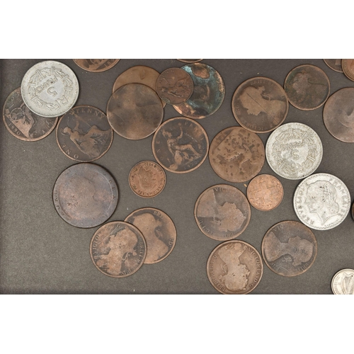 113 - A BOX LID CONTAINING A SMALL AMOUNT OF WORLD COINS, to include US Filipinas 5 Cent coins