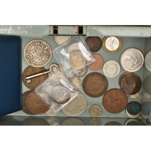 114 - A SMALL CASH BOX OF COINS AND BANKNOTES, to include O'Brien Ten Shillings Y30Y/Z09X, over £50 in Hol... 