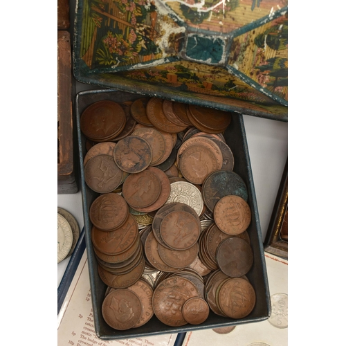 115 - A BOX CONTAINING COIN ALBUMS AND LOOSE COINS, to include 'The Royal Family' folder of various carded... 