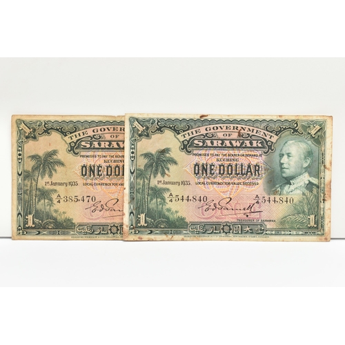 116 - A PAIR OF SARAWAK GOVERNMENT ONE DOLLAR BANKNOTES, A4 385, 470. A4 544, 840 (both have ware and stai... 