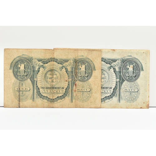 116 - A PAIR OF SARAWAK GOVERNMENT ONE DOLLAR BANKNOTES, A4 385, 470. A4 544, 840 (both have ware and stai... 