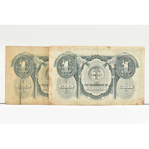 116 - A PAIR OF SARAWAK GOVERNMENT ONE DOLLAR BANKNOTES, A4 385, 470. A4 544, 840 (both have ware and stai... 