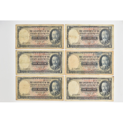 121 - THE GOVERNMENT OF THE STRAITS SETTLEMENTS SIX (6) ONE DOLLAR BANKNOTES, Jan 1935 (all have been take... 