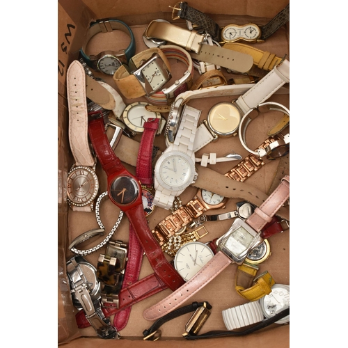 77 - A BOX OF ASSORTED LADIES AND GENTS FASHION WRISTWATCHES, to include five 'Swatch' watches, two in bo... 