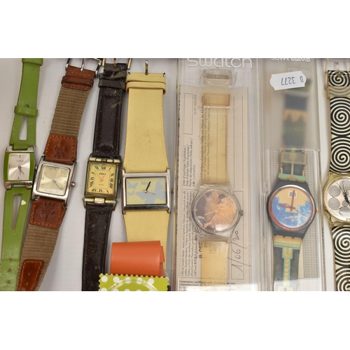 77 - A BOX OF ASSORTED LADIES AND GENTS FASHION WRISTWATCHES, to include five 'Swatch' watches, two in bo... 