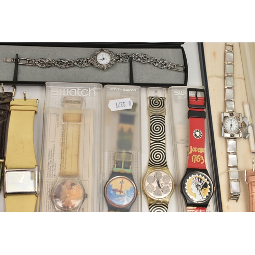 77 - A BOX OF ASSORTED LADIES AND GENTS FASHION WRISTWATCHES, to include five 'Swatch' watches, two in bo... 