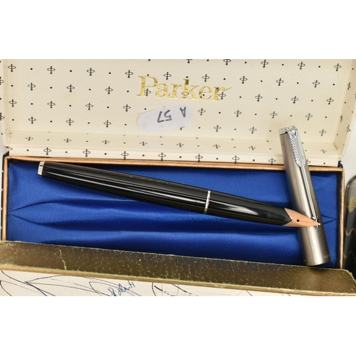 79 - A BOX OF ASSORTED PENS AND COINAGE, to include a 'Waterman's' fountain pen and pencil set, nib stamp... 