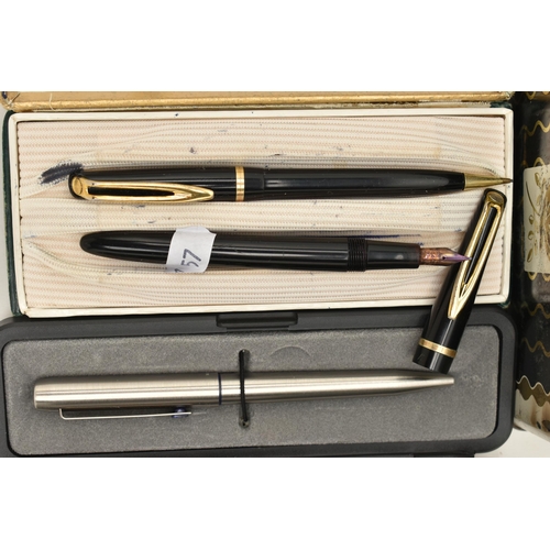 79 - A BOX OF ASSORTED PENS AND COINAGE, to include a 'Waterman's' fountain pen and pencil set, nib stamp... 