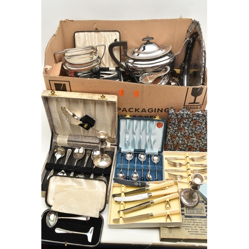 82 - A BOX OF ASSORTED WHITE METAL WARE, to include a pair of silver candle sticks on round weighted base... 