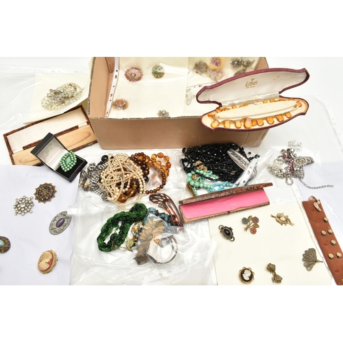 83 - A BOX OF ASSORTED COSTUME JEWELLERY, to include two silver hinged bangles, both hallmarked Birmingha... 