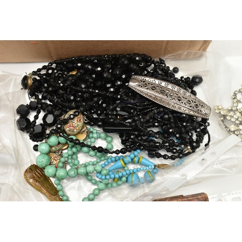 83 - A BOX OF ASSORTED COSTUME JEWELLERY, to include two silver hinged bangles, both hallmarked Birmingha... 