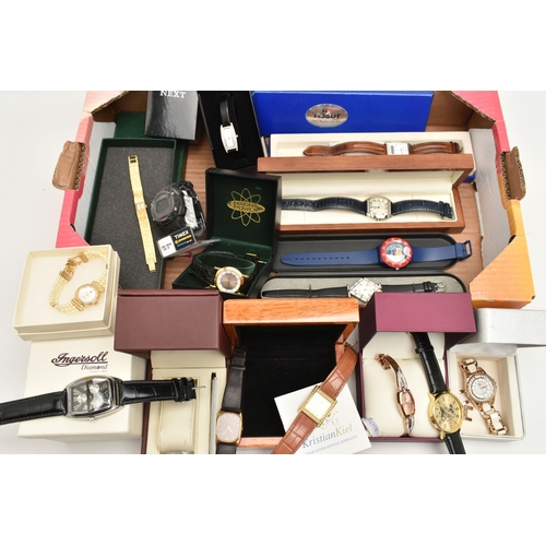 84 - A BOX OF ASSORTED LADIES AND GENTS FASHION WRISTWATCHES, names to include 'Accurist, Kristen Kiel, N... 