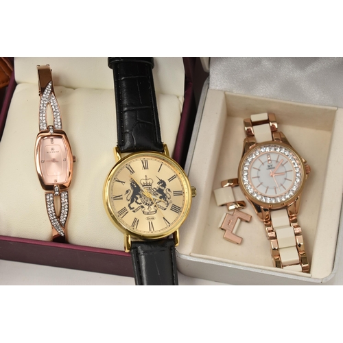 84 - A BOX OF ASSORTED LADIES AND GENTS FASHION WRISTWATCHES, names to include 'Accurist, Kristen Kiel, N... 