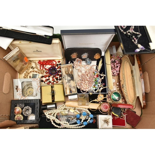 85 - A BOX OF ASSORTED ITEMS, to include a pair of amethyst drop earrings with matching pendant necklace,... 