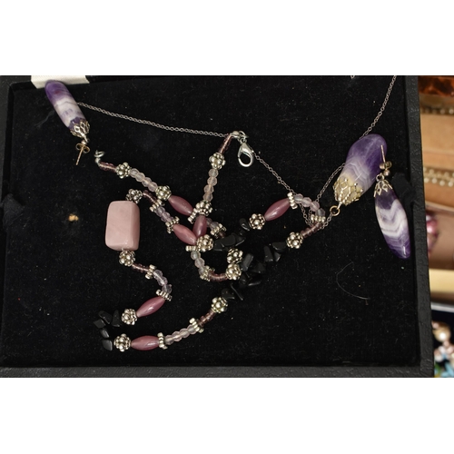 85 - A BOX OF ASSORTED ITEMS, to include a pair of amethyst drop earrings with matching pendant necklace,... 