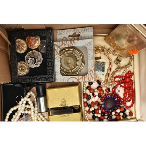 85 - A BOX OF ASSORTED ITEMS, to include a pair of amethyst drop earrings with matching pendant necklace,... 