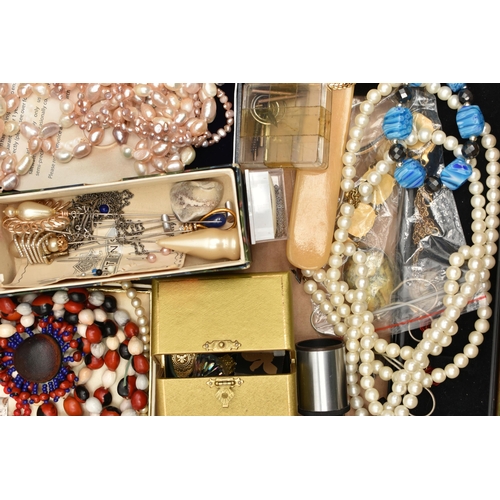 85 - A BOX OF ASSORTED ITEMS, to include a pair of amethyst drop earrings with matching pendant necklace,... 