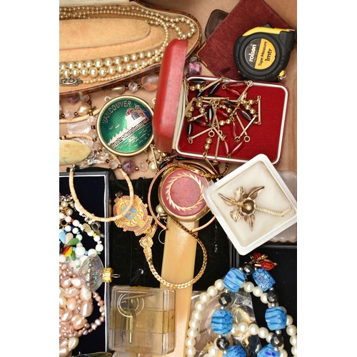 85 - A BOX OF ASSORTED ITEMS, to include a pair of amethyst drop earrings with matching pendant necklace,... 