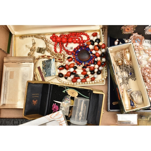 85 - A BOX OF ASSORTED ITEMS, to include a pair of amethyst drop earrings with matching pendant necklace,... 