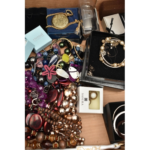 86 - A BOX OF ASSORTED COSTUME JEWELLERY, to include beaded necklaces, bracelets, bangles, pendant neckla... 