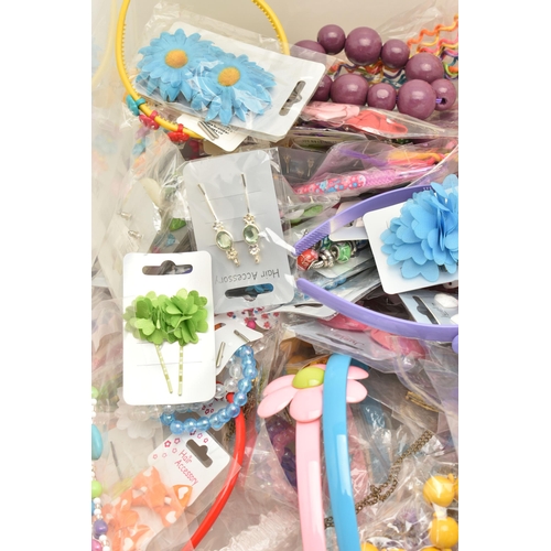 90 - A LARGE BOX OF ASSORTED CHILDRENS COSTUME JEWELLERY, to include necklaces, hair clips, bobbles headb... 