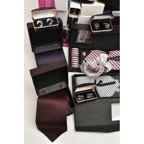 92 - A LARGE BOX OF ASSORTED MENS ACCESSORIES, to include a large quantity of unworn cased cufflinks, unw... 