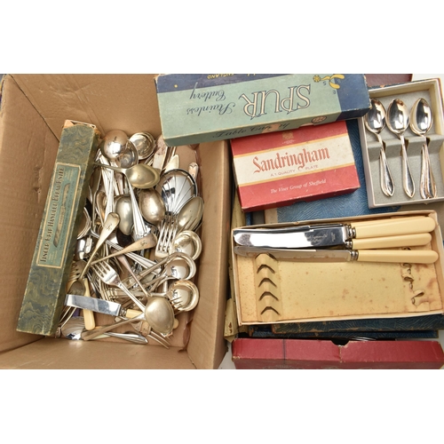 94 - A BOX OF ASSORTED WHITE METAL WARE AND ITEMS, to include a briefcase canteen of 'Prima' kitchen kniv... 