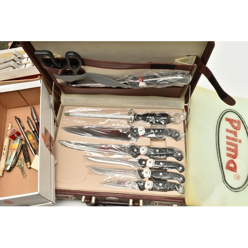 94 - A BOX OF ASSORTED WHITE METAL WARE AND ITEMS, to include a briefcase canteen of 'Prima' kitchen kniv... 